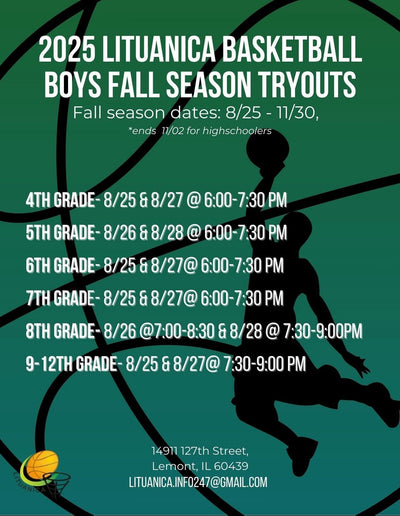 2025 Lituanica Basketball Boys Fall Season Tryouts